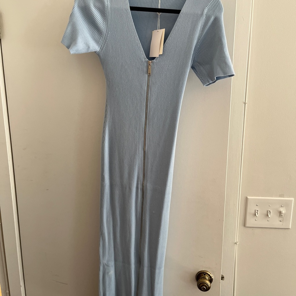 Light Blue Ribbed Zip-Front Women's Dress